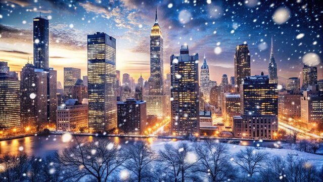 Snowflakes gently fall on a bustling metropolis, casting a serene silence over towering skyscrapers, frozen lakes, and snow-covered streets lined with twinkling city lights.