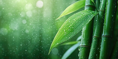 Obraz premium Dew-Covered Bamboo Stalks and Leaf Close-Up