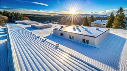Snowy-white roof coating glistens in bright sunlight, providing energy-efficient insulation and weather protection for a modern building's sleek, angular architecture.
