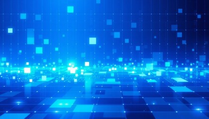 Sophisticated blue grid design featuring a mix of bright and dark squares creating a clean and futuristic tech background