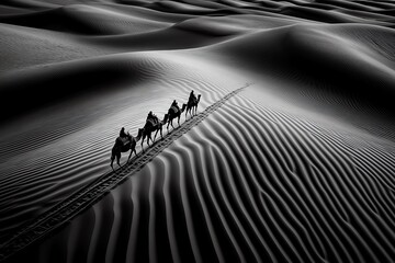 A caravan of camels traverses a vast desert landscape, their silhouettes stark against the undulating sand dunes