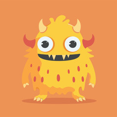 yellow monster cartoon with big eyes and horns, smiling cheerfully.

