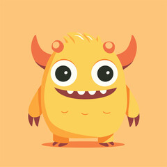 yellow monster cartoon with big eyes and horns, smiling cheerfully.

