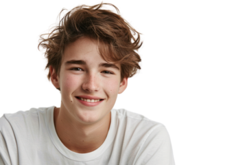 Handsome young man with a warm smile, wearing a white T-shirt, on a white background.
