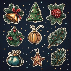 Festive Christmas stickers featuring ornaments, pine branches, and holiday decorations