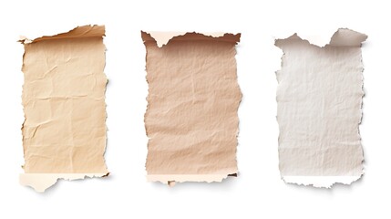 Fototapeta premium Pieces of torn beige paper on a white background.