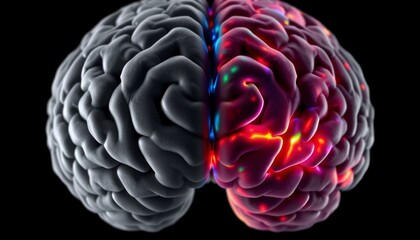 a brain split in two left side gray and colorless right side glowing with vibrant hues set against a deep black background creating a striking visual contrast