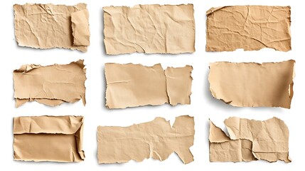 Pieces of torn beige paper on a white background.