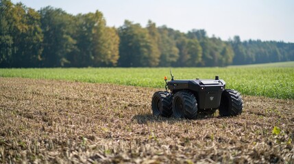 Fototapeta premium A robotic vehicle is tilling a harvested field under clear skies on an autumn day