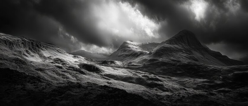 Monochrome landscape photograph against a black background capturing dramatic shadows and intricate textures with a high contrast dynamic composition for a timeless visual