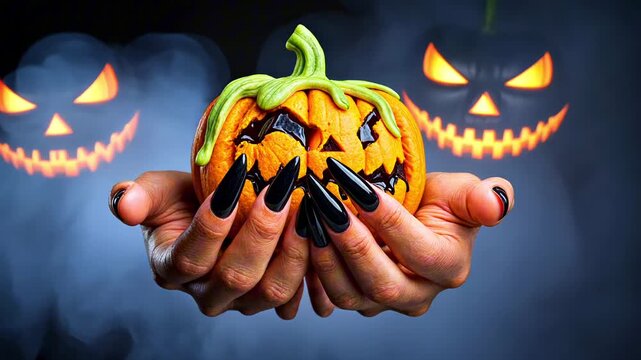 Spooky Halloween Pumpkin Cookie Held by Hands with Black Nails against Dark Background