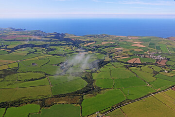 Aerial view of the fields and coast of North Devon, England