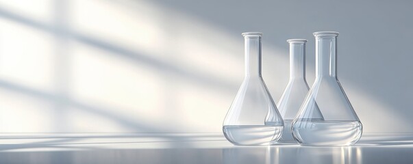 Chemical flasks on a solid grey background with soft lighting