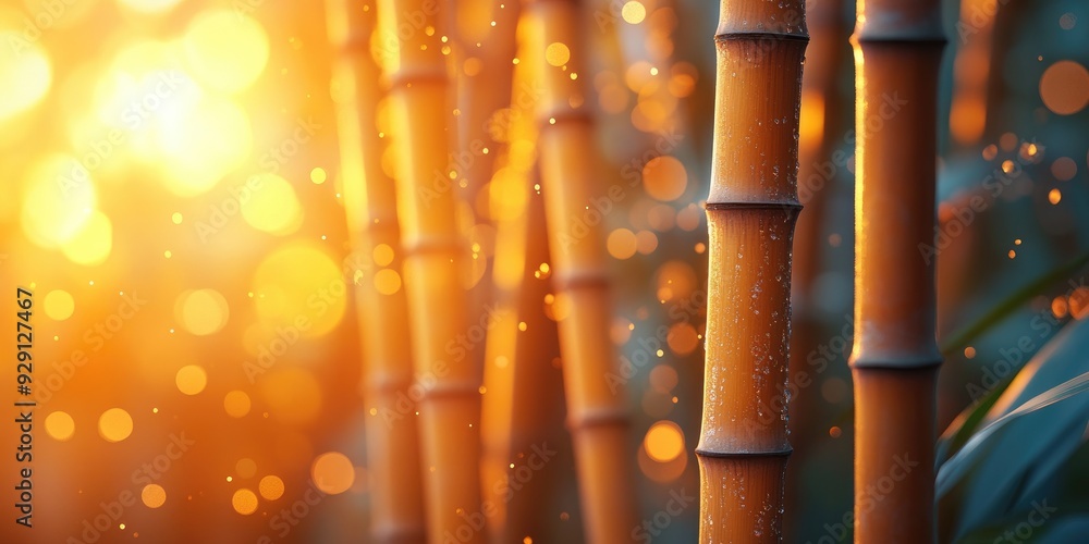 Poster Golden Bamboo Stalks Illuminated by Sunset Glowing with Warm Light