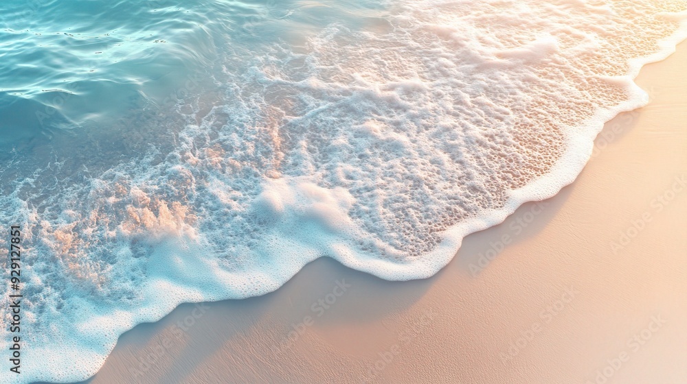 Poster design a peaceful beach background with soft sand and gentle waves, creating a tranquil seaside scen