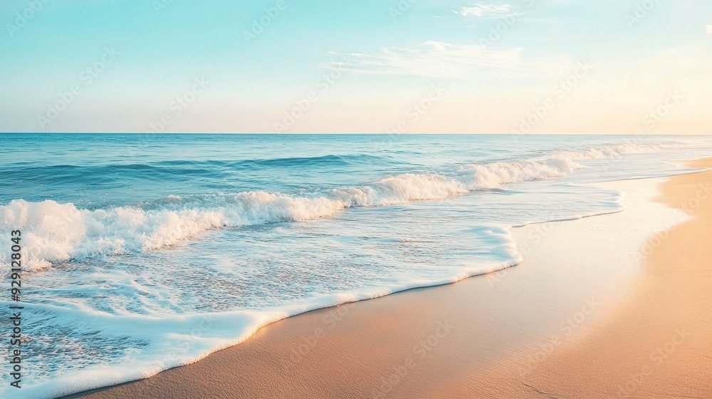 Fototapete design a peaceful beach background with soft sand and gentle waves, creating a tranquil seaside scen