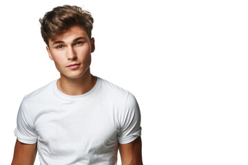 Obraz premium Handsome young man in a relaxed pose with a friendly smile on a white background.