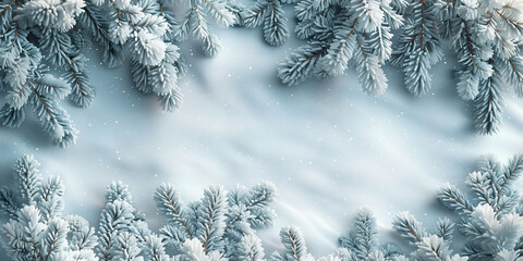 Snow covered pine branches. Christmas holiday background with copy space for text. festive decoration. Merry Christmas and Happy New Year