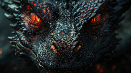 macro photography black dragon with red eyes