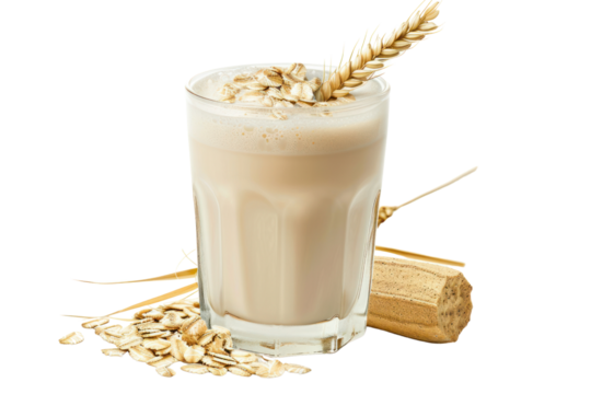 Glass of oat milk, foamy and creamy, isolated on white background.
