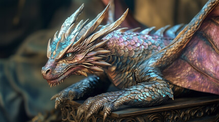 A blue and purple dragon is sitting on a wooden table. The dragon is made of glass and has a shiny, colorful appearance. The scene is calm and serene, with the dragon as the focal point
