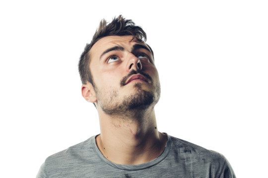 A man is in deep thought, eyebrows furrowed in concentration, isolated on white background.