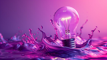 A purple splash of paint is on the ground, with a light bulb in the middle of it. The light bulb is surrounded by the purple paint, creating a sense of movement and energy