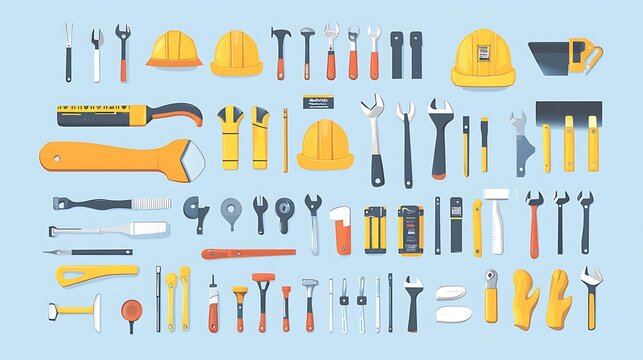 a variety of construction tools, including wrenches, hammers, screwdrivers, and safety helmets.
