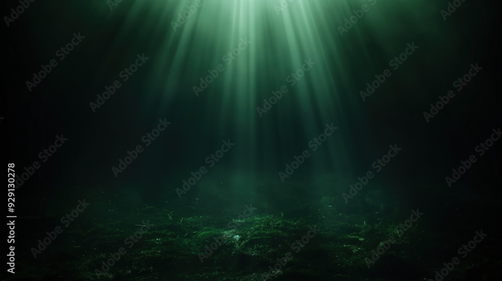 Poster sunlight pierces through the dark waters, creating dramatic rays that highlight the ocean floor fill