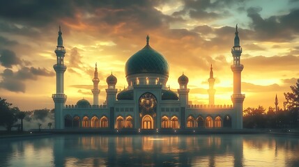 Fototapeta premium A large mosque with golden light reflections in the water at sunset.