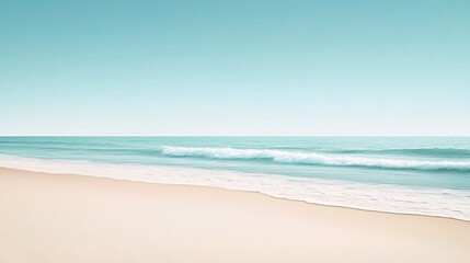 Design a serene beach background with soft sands, gentle waves, and a clear blue sky, creating a tranquil coastal scene, copy space