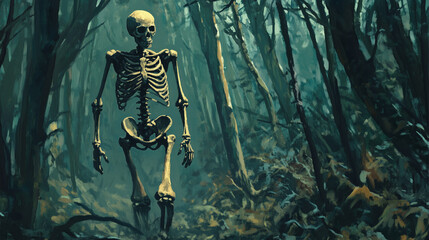 Fototapeta premium A skeleton is walking through a forest. Scene is eerie and spooky. The skeleton is the main focus of the image, and it is the only thing that stands out. The forest is dark and mysterious 