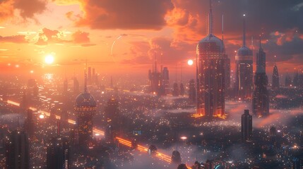 Obraz premium Futuristic High-Tech Skyline at Vibrant Sunset with Sleek Towers and Advanced Transportation