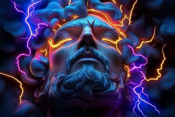 Obraz premium A dramatic portrait of a man's face surrounded by glowing neon and electric energy.