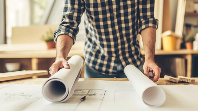 Engineer reviewing blueprints at a construction site, focusing on precision and innovation