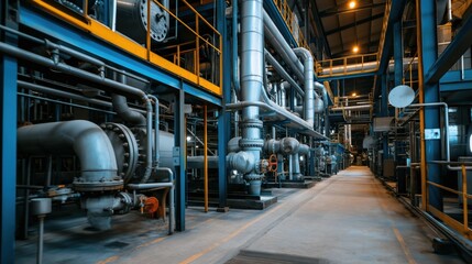 Fototapeta premium The interior of an industrial factory features extensive piping and machinery arranged in orderly rows under bright lighting