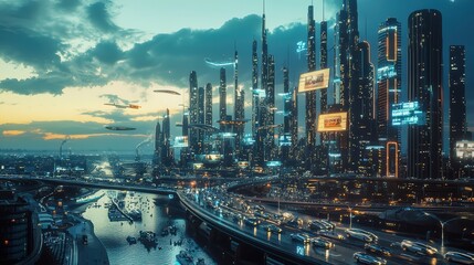 Fototapeta premium Futuristic smart city skyline at dusk with advanced architecture, autonomous vehicles, and digital billboards, showcasing a vision of advanced urban living.