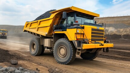 A robust yellow dump truck moves gravel at a busy construction site, showcasing industrious activity and a clear blue sky overhead that highlights the day's productivity