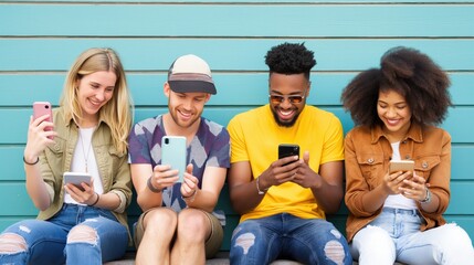 Four friends are engaged with their smartphones while seated on a bench against a bright, colorful backdrop, sharing their experiences in an urban location during daylight
