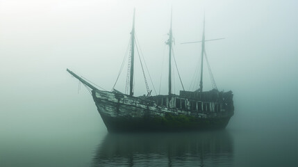 Obraz premium Foggy day with a ship in the water. The ship is old and abandoned.