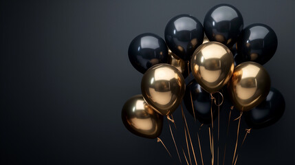Obraz premium A bunch of black and gold balloons are arranged in a cluster. The balloons are arranged in a way that they look like they are floating in the air