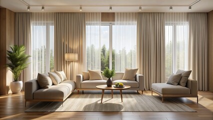Soft, flowing drapery falls gently, filtering warm natural light, casting a serene ambiance in a minimalist, modern interior with a subtle touch of elegance.