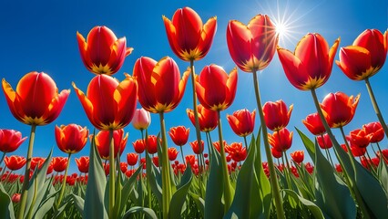 Fototapeta premium Red tulips in a field under blue sky with sunbeams