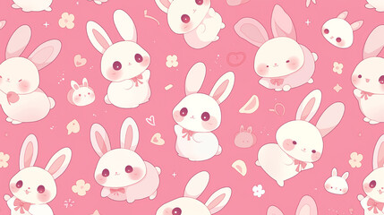 A cute cartoon rabbit with a pink bow on its neck is surrounded by hearts. The image has a playful and whimsical mood, with the rabbit being the main focus and the hearts adding a touch of cuteness