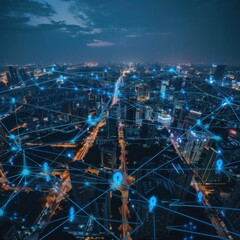 Aerial View of Connected Urban Network at Night