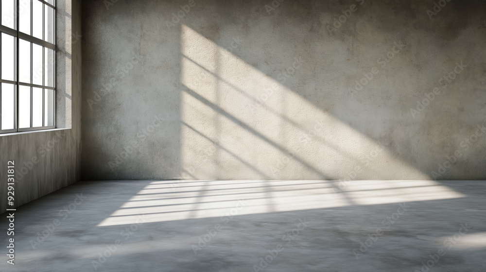 Poster soft shadows draft patterns on the concrete floor as sunlight pours in through expansive windows of 