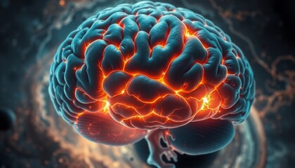 Extreme close-up of a brain with cerebellum and amygdala glowing neural pathways against a backdrop of swirling nebula and dark black hole