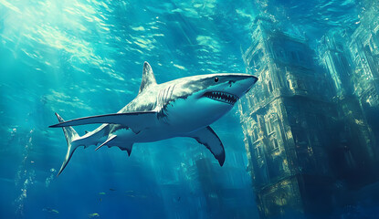 Fototapeta premium A majestic shark swims gracefully through clear blue waters, showcasing its powerful presence and beauty beneath the ocean surface.