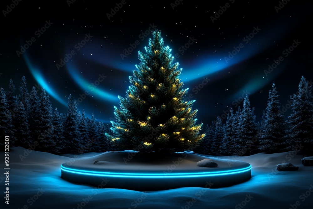 Poster A glowing Christmas tree in a snowy forest under the aurora borealis.
