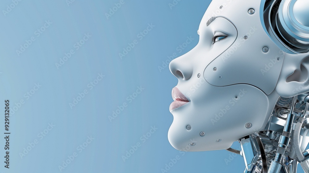 Poster a highly detailed robotic face showcases sleek design and advanced technology elements, reflecting a